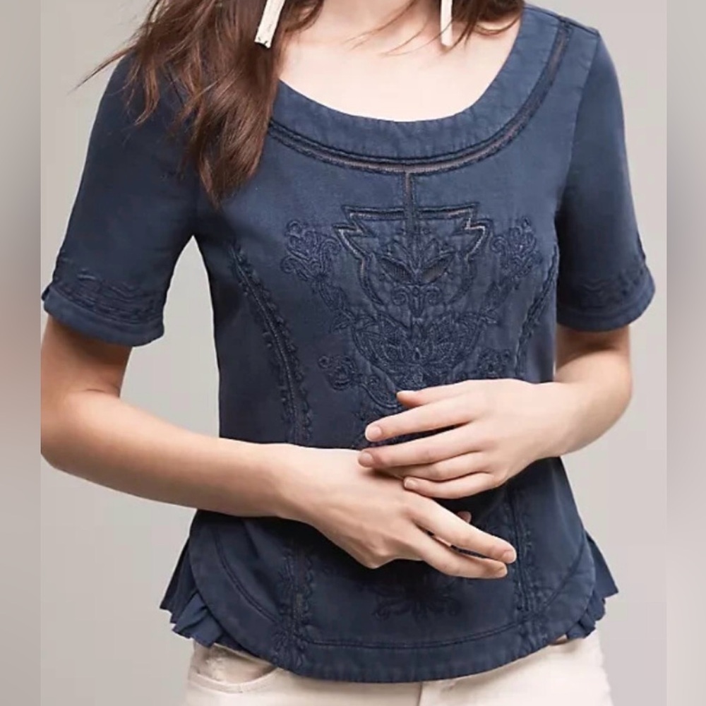 Elegant Navy Blue Embroidered Women's Top